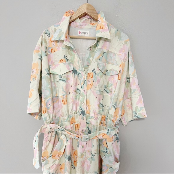 L'atiste by Amy floral print jumpsuit sz 1X green retro print belted - Picture 2 of 8